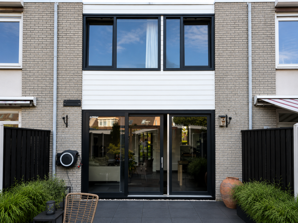 Grote zwartgrijze robuuste schuifpui geplaatst in woning in raalte