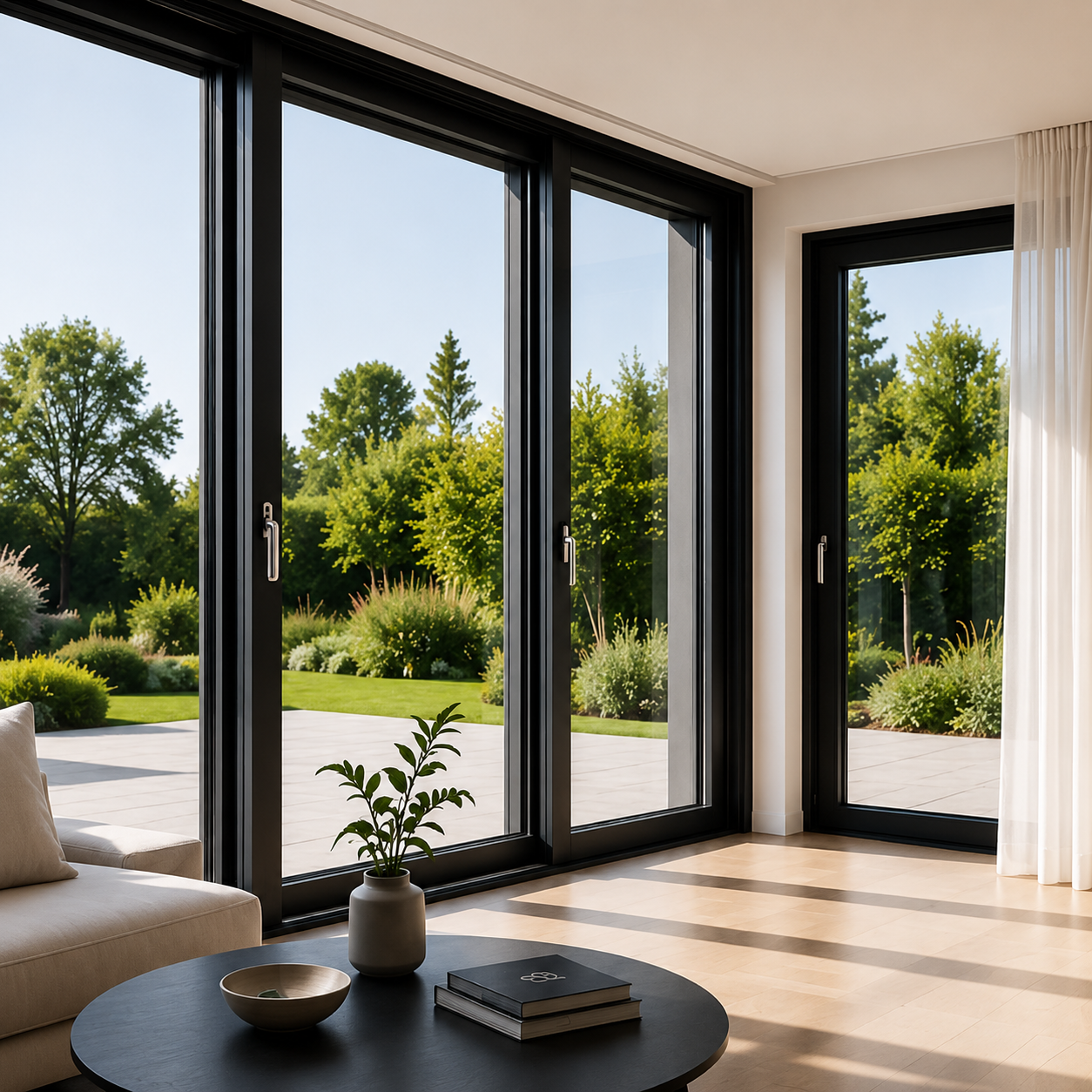 Moderne kunststof kozijnen met Schüco profielen in een lichte woonkamer